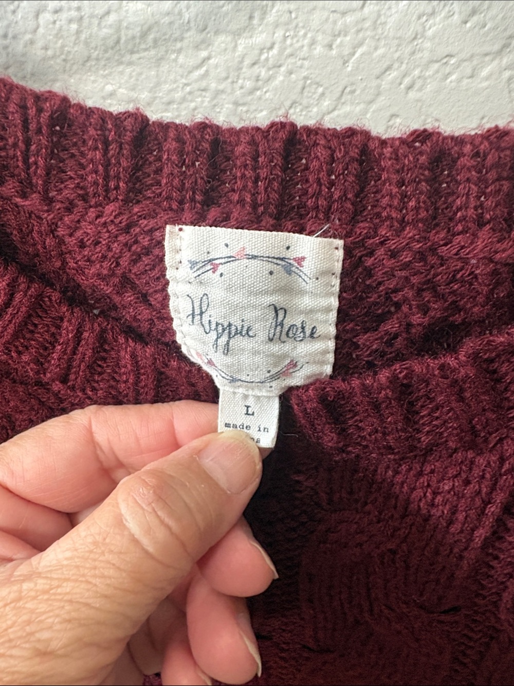 Hippie Rose Cable Knit Crewneck Sweater - Burgundy - Picture 5 of 5